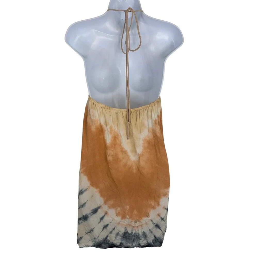Sugar & Cream Women Beach Festival Boho Tie Dye Halter Mini Dress Tan Orange Sm